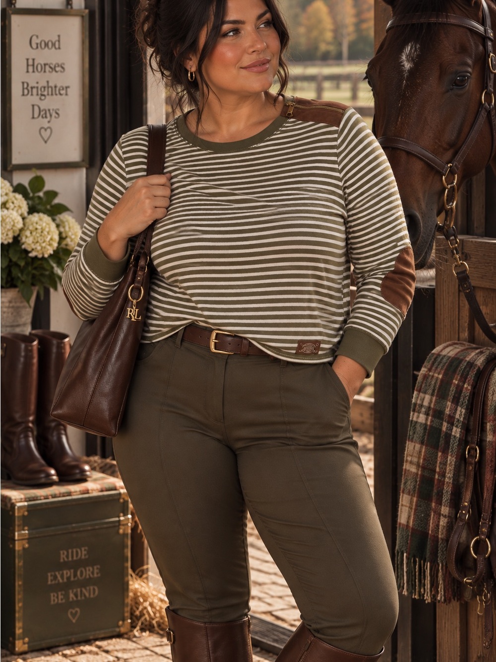 Lauren Ralph Lauren 1X Olive Stripe Top Suede Elbow Patches Equestrian